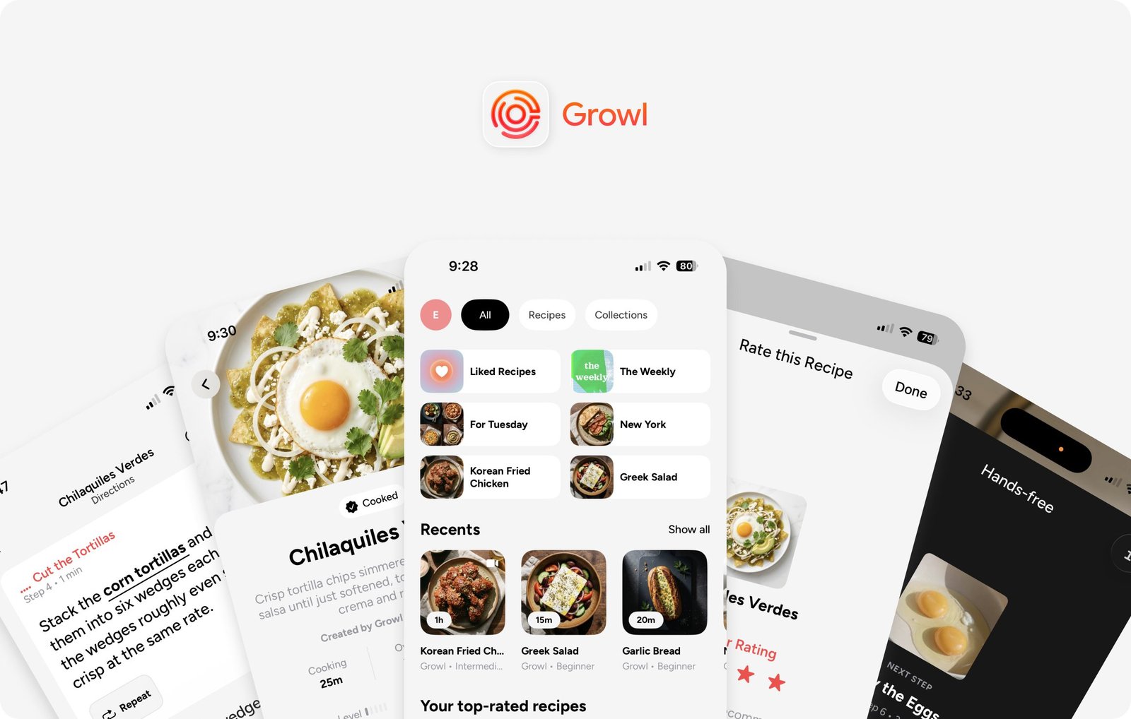 Growl running on iPhone: a recipe library, a step being read aloud, and a hands-free cooking view.